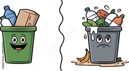 Happy recycled waste and sad mixed trash comparison concept promoting cleanliness environmental awareness recycling habits flat vector illustration design