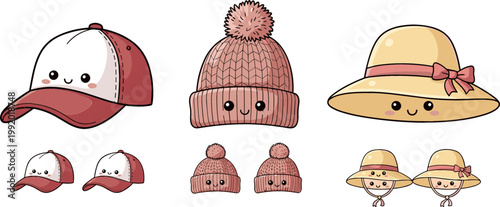 Kawaii Hat Illustration Set Featuring Caps, Beanies, and Sun Hats with Smiling Faces for Fashion and Accessories Designs