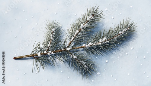 Pine Branch with Snow on Snowy Surface