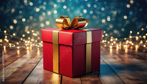 Red Gift Box with Gold Bow and Lights