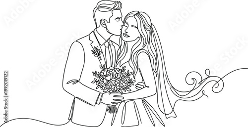 Continuous Line Drawing of Wedding Couple with Groom Kissing Bride