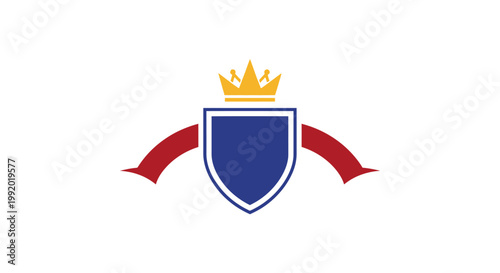 A gold vector illustration of a national emblem set on a shield with a ribbon featuring the coat of arms of Ukraine as a patriotic country symbol and award banner