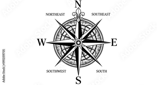A nautical windrose vector illustration featuring a compass rose star icon with north direction arrows on a black background for travel navigation and sea adventure cartography design
