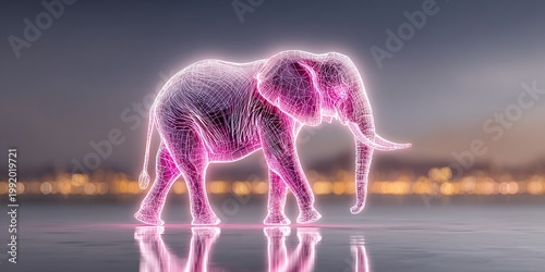 A neon pink elephant walks on a reflective surface at dusk with city lights behind.