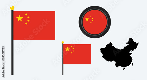 Vector illustration of the national flag of China, a circular emblem, and a map silhouette on a white background.