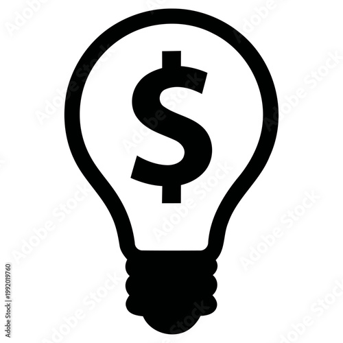 Minimalist vector graphic illustration featuring a creative light bulb shape containing a bold dollar sign symbol representing profitable ideas and financial growth