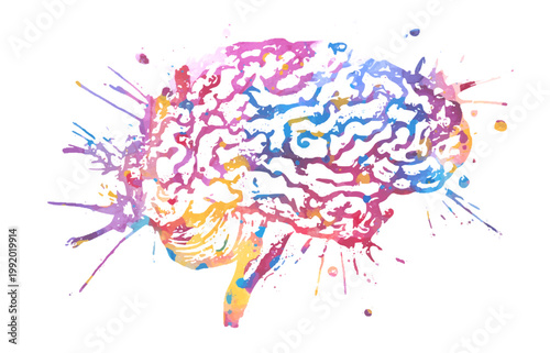 Colorful Watercolor Brain with Vibrant Splash Paint Effect for Creative Thinking Mental Health and Psychology Concept