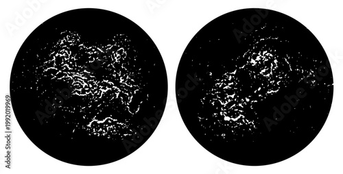 Set of Two Black and White Circular Galaxy Nebula Grunge Ink Texture Vector Illustrations with Abstract Cosmic Stardust Cloud Patterns