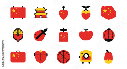 Vector illustration set of Chinese New Year icons featuring a cartoon celebration collection with holiday gift symbols, winter art decorations, and festive ribbon designs for a lucky new year card