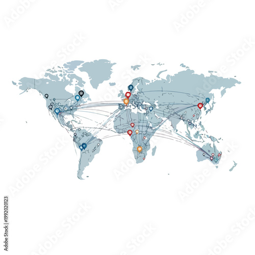 World Map with Location Pins and Lines.