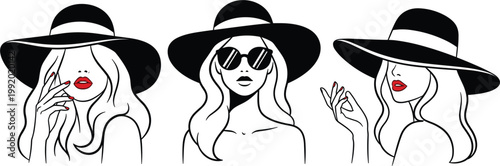 Elegant Fashion Woman Portrait Vector Set with Wide Brim Hats and Red Lips for Beauty Salon Branding, Cosmetics Packaging, Luxury Makeup Advertising, and Glamour Magazine Illustration Designs