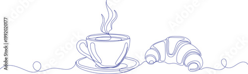 Hot Coffee Cup and Croissant Breakfast Continuous Line Art Minimalist Blue Vector Illustration