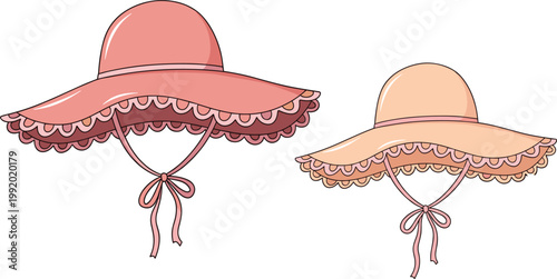 Elegant Pink and Peach Sun Hat Set with Decorative Lace Trim and Ribbon Ties for Summer Fashion, Beach Vacation Outfits, and Outdoor Travel Graphics