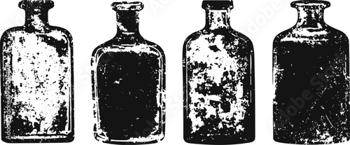 Vintage medicine bottles collection old glass containers with textured, weathered surfaces antique apothecary jars