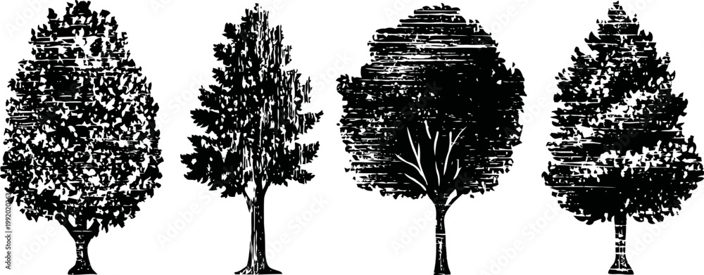 Fototapeta premium four detailed black silhouette tree illustrations with varying leaf and branch patterns