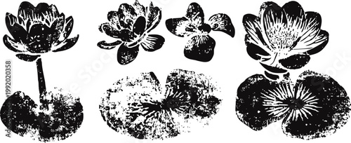Black and white lotus flower silhouettes with leaves in stylized artistic design