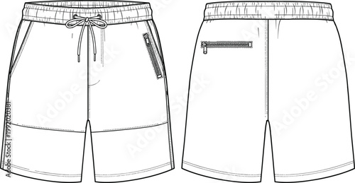 Technical Fashion Flat Sketch of Men Activewear Shorts with Elastic Waistband Drawstring and Zipper Pockets for Apparel Tech Pack and Sportswear Design