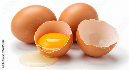 Three brown chicken eggs with one cracked open revealing a bright yellow yolk and white protein isolated on a white background