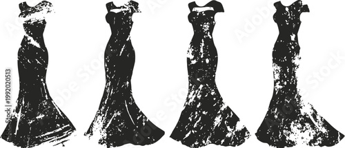 vintage black evening gown silhouettes in various poses with distressed texture effect