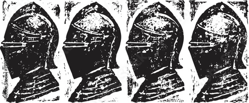 set of four vintage medieval knight helmets, side view, metal armor for head and neck protection
