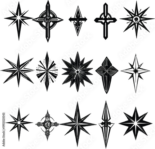 collection of geometric star and cross symbols flat design vector illustration