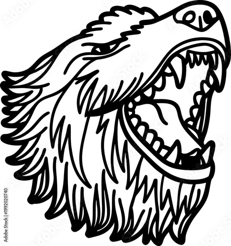 Fierce roaring wolf head illustration with sharp teeth and detailed fur outline in black and white