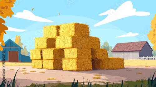 Animated rural scene of stacked hay bales with blue sky and stylized buildings