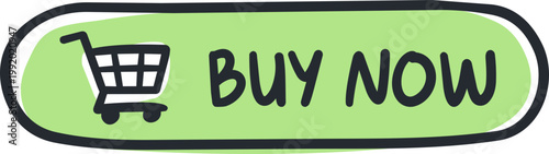 Hand Drawn Green Buy Now Button with Shopping Cart Icon