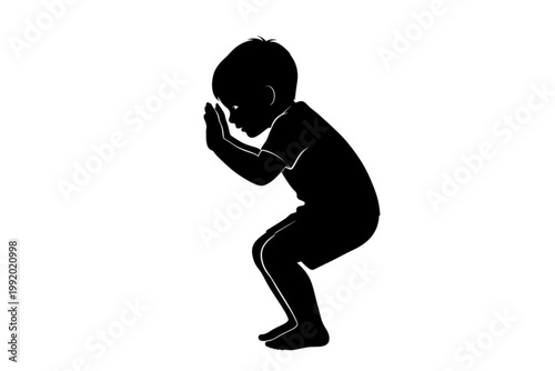 Little One's Contemplation: A silhouette of a young child in a moment of quiet contemplation, focused intently with clasped hands, embodies the innocence and curiosity of early childhood.