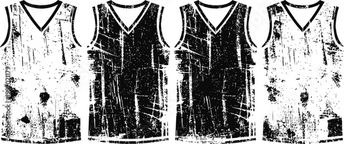 Four sleeveless sports jerseys in black and white, front view, casual athletic wear design