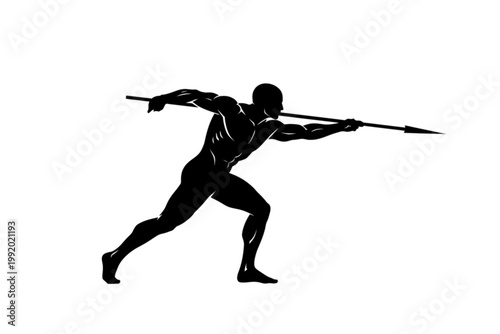 Dynamic Spear Thrower: A silhouetted athlete embodies power and precision as he hurls a spear forward with intense focus and determination.