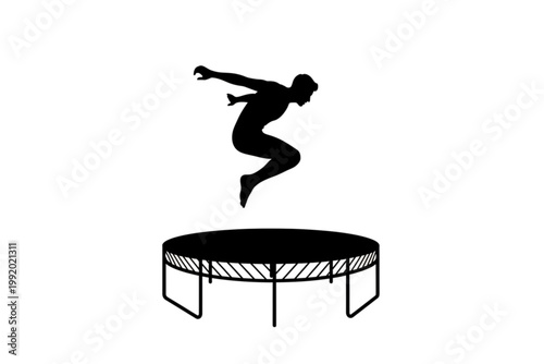 High Jump Silhoutte: A dynamic silhouette captures a person soaring through the air above a trampoline, embodying athleticism, fitness and enjoyment.