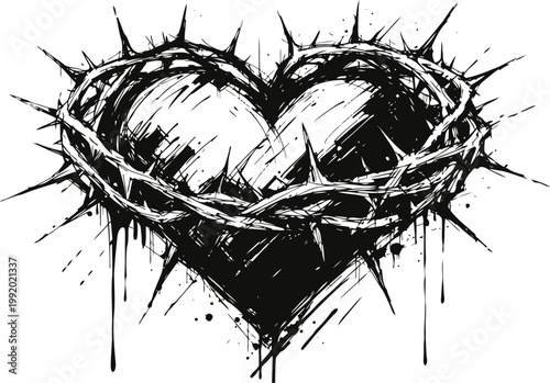 Black heart wrapped with sharp thorny crown grunge ink drawing symbol of pain and sacrifice