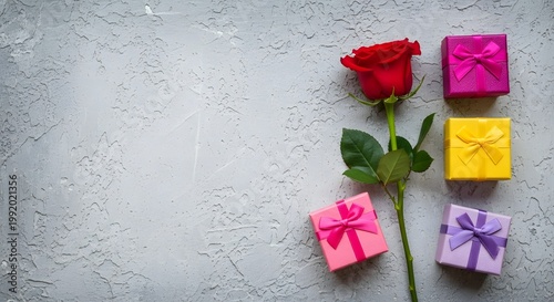 A single vibrant red rose rests alongside several colorful gift boxes on a textured light gray surface for a celebratory arrangement