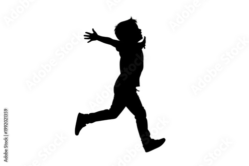 Silhouette of a Running Boy: A joyful silhouette captures a young boy mid-stride, arms outstretched in a gesture of freedom and boundless energy. Symbolizing childhood joy and the exuberance of youth