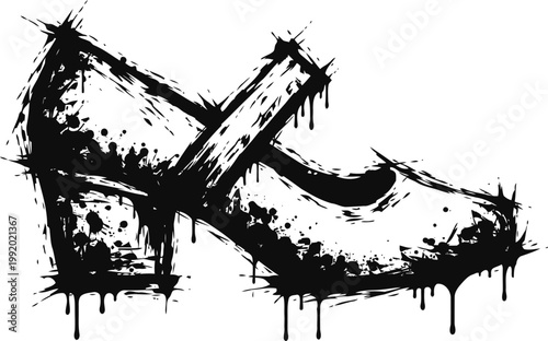 black grunge mary jane shoe silhouette with splattered paint effect, vintage distressed