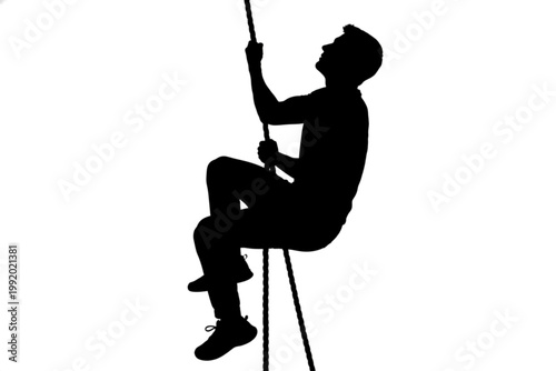 Ascending Silhouette: A solitary figure fearlessly ascends a rope, silhouetted against a plain background, embodying the spirit of challenge, perseverance, and determination.