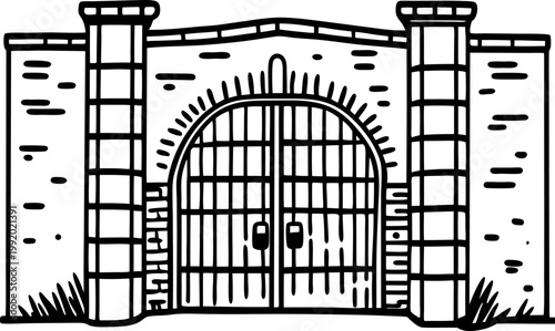 Old stone gate with iron bars and brick columns, historic entrance with arch and closed doors