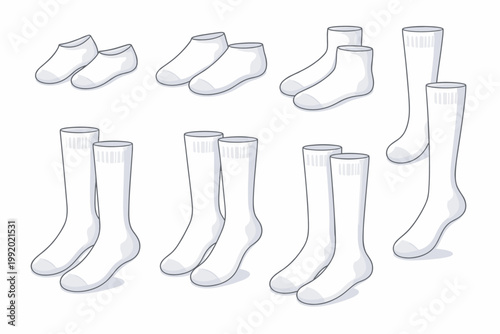 Collection of White Socks in Different Lengths and Pairs, Simple Flat Vector Illustration of No-Show, Ankle, Crew, and Knee-High Hosiery for Apparel Design, Fashion Mockups, and Clothing Basics