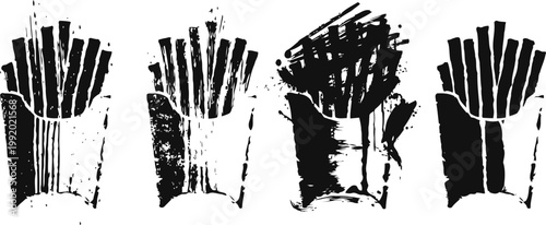 four black and white potato fries illustrations in different artistic brush styles