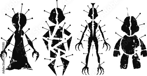 Silhouettes of four abstract alien creatures with distinctive shapes and dotted antennae