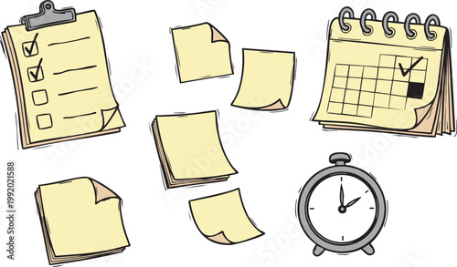 Time Management and Office Stationery Doodle Set with Checklist Clipboard Calendar Sticky Notes and Clock