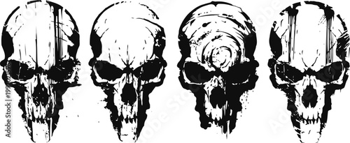 Grunge black skull illustrations set with distressed texture and rough worn effects