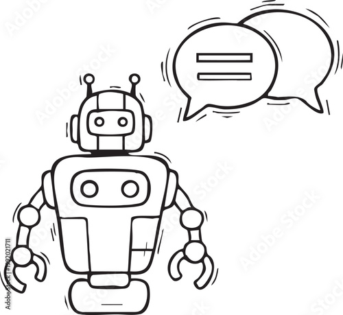 Hand Drawn Doodle of AI Robot with Speech Bubbles for Chatbot and Technology Concept Illustration