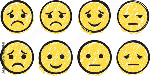 Hand Drawn Crayon Doodle of Emoji Set with Various Emotions for Feedback and Mood Tracker Vector Illustration