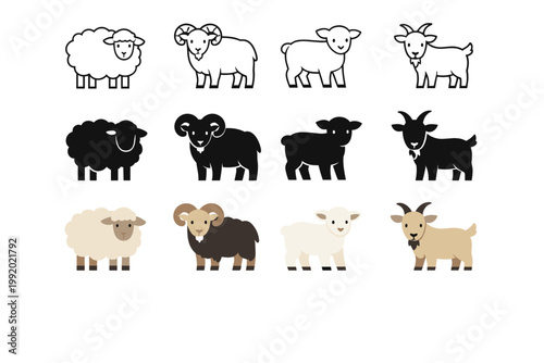 Minimalist farm animal vector icon set featuring sheep, ram, lamb, and goat illustrations in clean outline, solid black silhouette, and flat color styles for agriculture and livestock design.