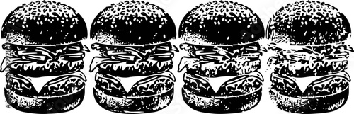 Four classic gourmet hamburgers with lettuce, tomato, cheese, and sesame seed buns in a row