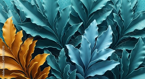 Richly textured tropical foliage with contrasting yellow and teal leaves creating an abstract organic pattern