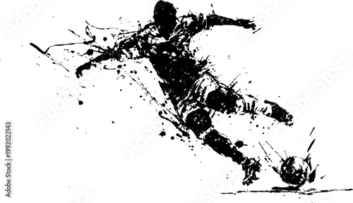 Dynamic soccer player kicking ball football athlete silhouette in action with paint splatter effect