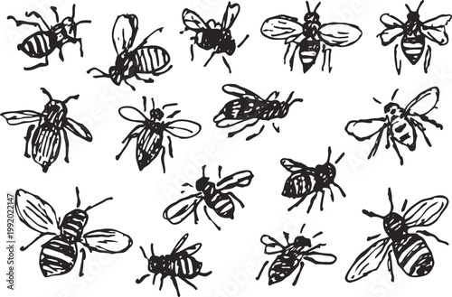 Set of hand drawn bees insect sketches flying pollinators with wings and stripes nature illustration for ecology and environment